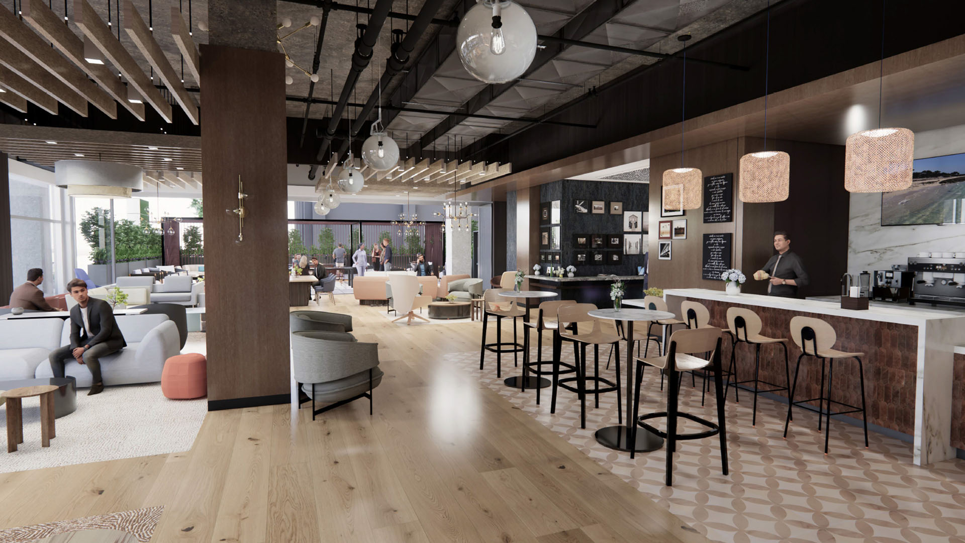 Coffee Bar: Purposeful moments of pause with river view and soft natural light.