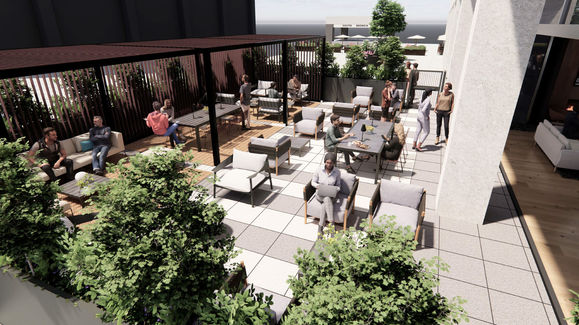 The Patio: Casual outdoor workspace and social hub overlooking the Chicago River.