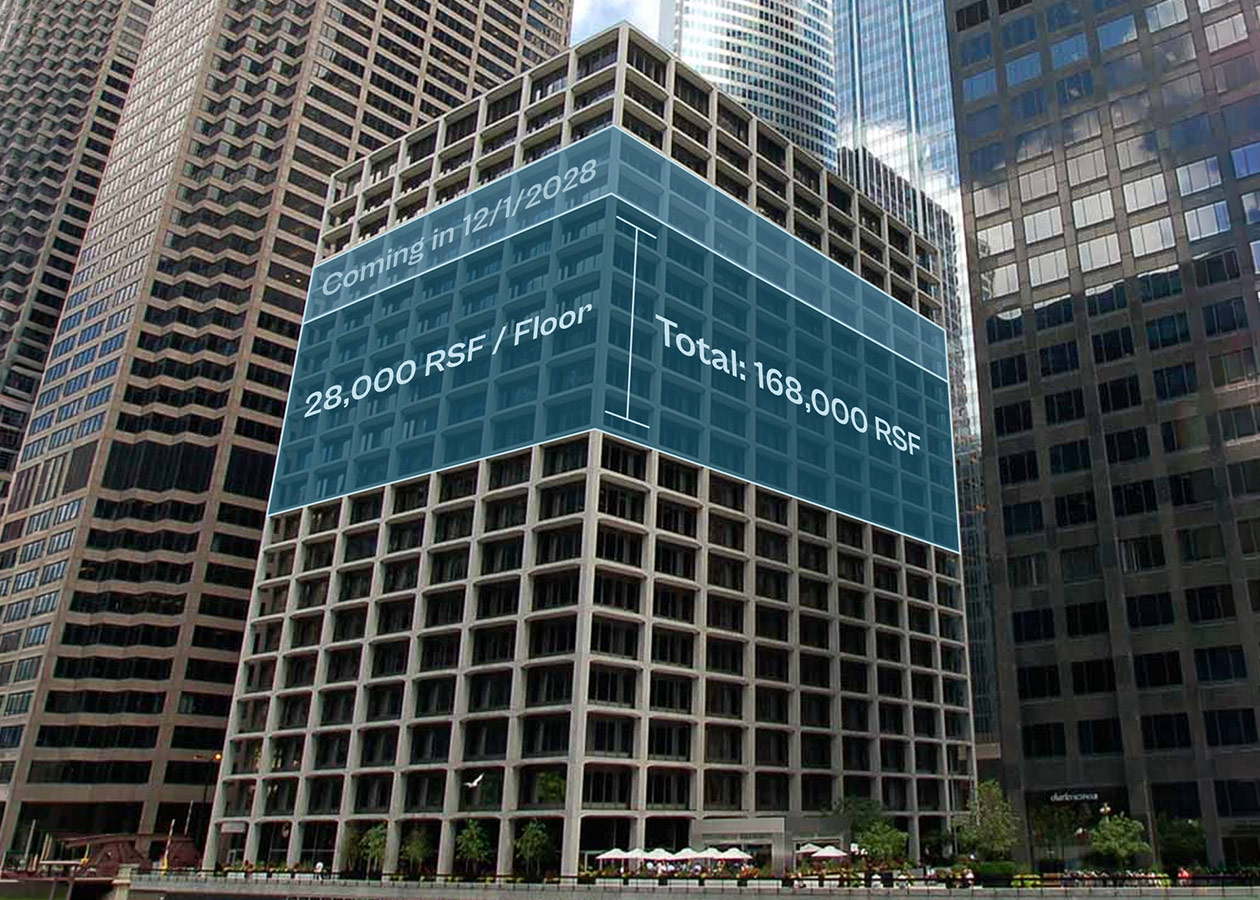 Exterior image of 100 South Wacker with a graphic of the large block area